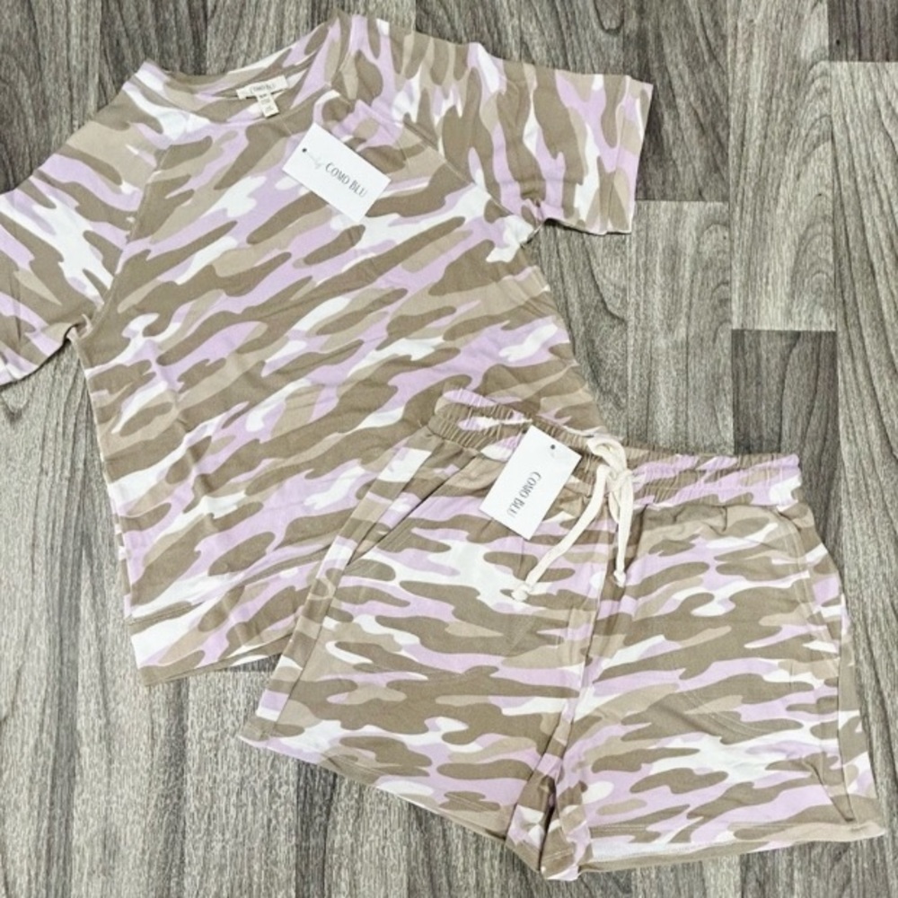 NEW! COMO BLU Camouflage Set Loungewear Pajamas Top Shorts Tan Purple M L Purple